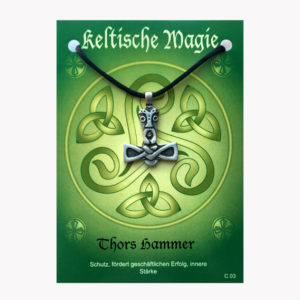 Anhänger Thors Hammer - Keltische Magie Amulett aus Zinn auf großer Karte mit Infoheft