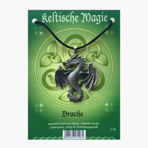 Anhänger Drache- Keltische Magie Amulett aus Zinn auf großer Karte mit Infoheft