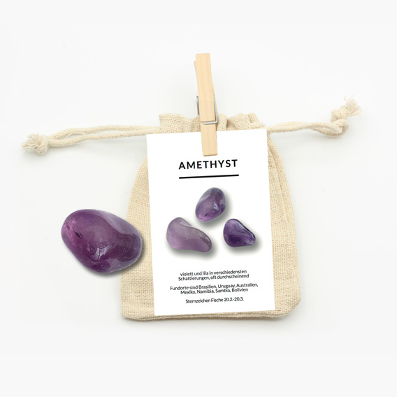 Amethyst A Qualität Trommelstein im Jutebeutel mit Beschreibungskarte