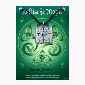 Anhänger Sator Formel - Keltische Magie Amulett aus Zinn auf großer Karte mit Infoheft