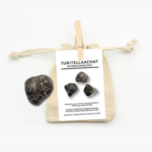 Turitellaachat Trommelstein mit Jutebeutel und Beschreibungskarte