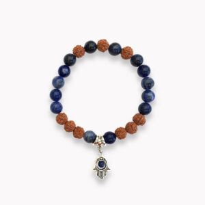 Sodalith und Rudraksha Armband mit Fatimas Hand Charm