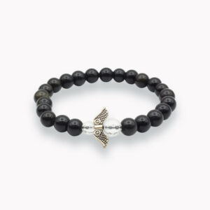 Obsidian schwarz Kugel Armband mit Bergkristall Engel