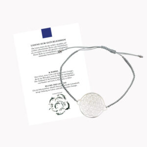 Glücksarmband Freundschaftsarmband mit Blume des Lebens gross mit geknüpftem Textilband grau mit Glückskarte