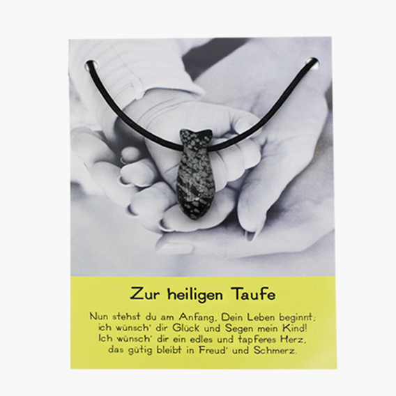 „Zur heiligen Taufe“ Schneeflockenobsidian Fisch Anhänger gebohrt auf