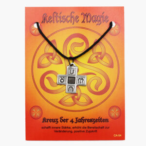Keltische Magie Amulett aus Zinn Kreuz der 4 Jahreszeiten auf großer Karte mit Infoheft