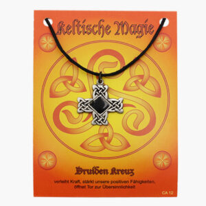 Keltische Magie Amulett aus Zinn Druiden Kreuz auf großer Karte mit Infoheft