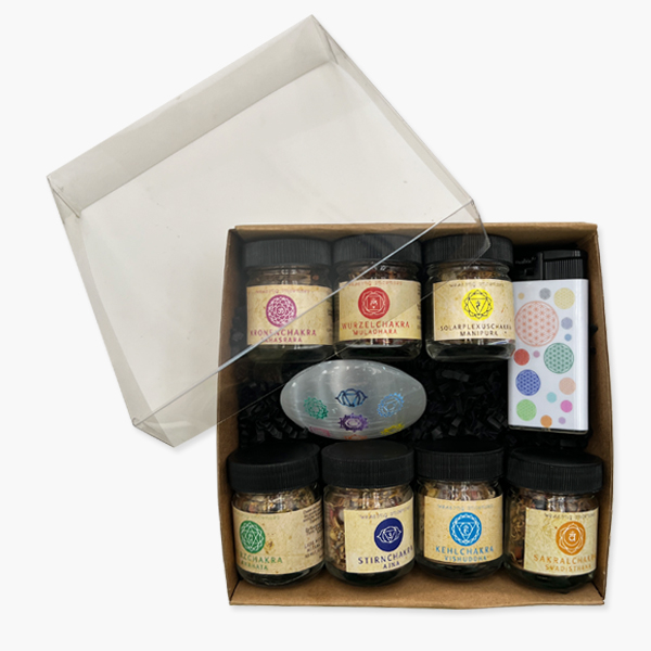 Chakra Set in brauner Geschenkbox mit schwarzen Sizzles Räuchermischungen Selenit Handschmeichler und Feuerzeug