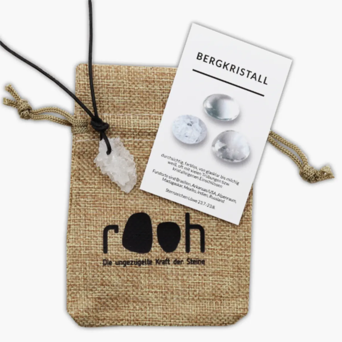 Rooh50 Rooh Anhaenger Bergkristall Igel aus Marroko im Jutebeutel 2