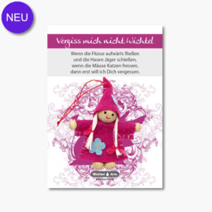 Vergiss-mich-nicht-Wichtel mit Spruch auf Karte