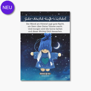 Gute-Nacht-Kuss-Wichtel auf blauer Karte