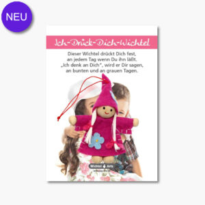 Wichtel „Ich-drück-dich“ auf pink-weißer Karte