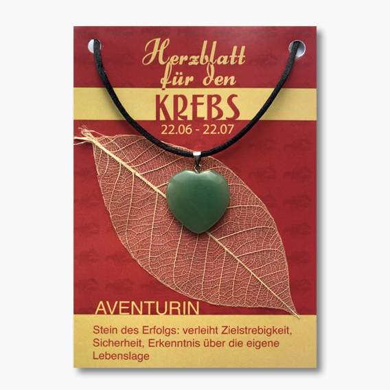 Aventurin Herz Anhänger mit Öse auf großer Karte für Sternzeichen Krebs