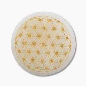 91433 Selenit Platte mit Blume des Lebens Goldgravur