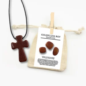 Goldfluss rot Pilgerkreuz Anhänger gebohrt mit Lederband im Jutebeutel und Beschreibungskarte