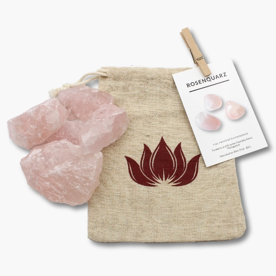 Rosenquarz Dekosteine im Leinenbeutel mit Lotusblume