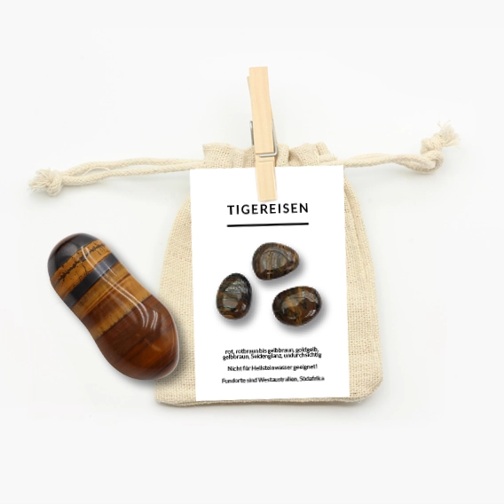Tigereisen Trommelstein mit Jutebeutel und Beschreibungskarte
